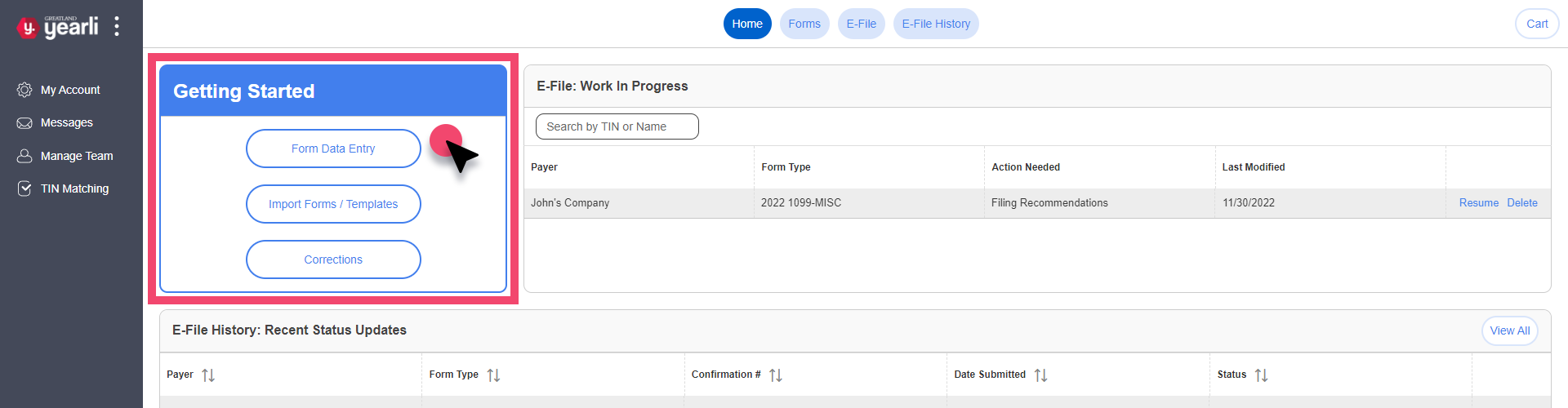 Home Screen. Getting Started tile (Which contains Form Data Entry, Import Forms/ Templates, and Corrections buttons) is highlighted.
