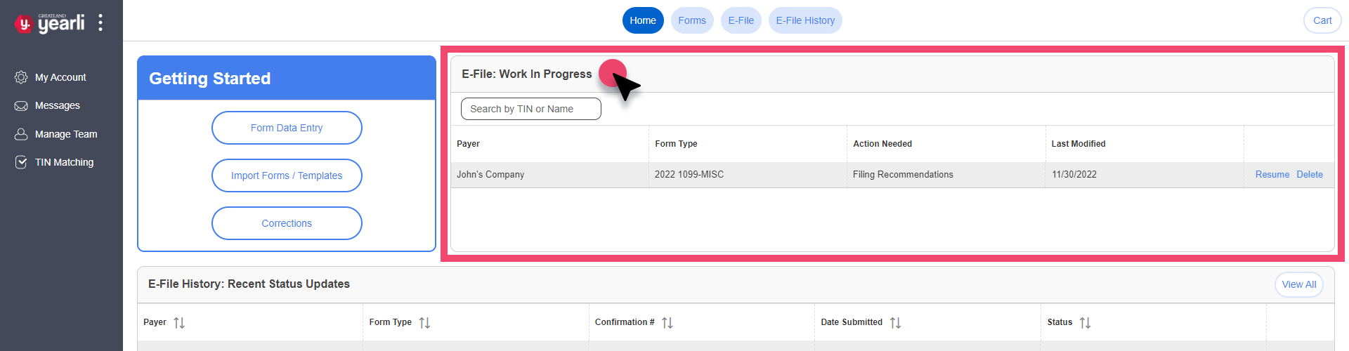 Home Screen. E-File: Work In Progress table is highlighted.