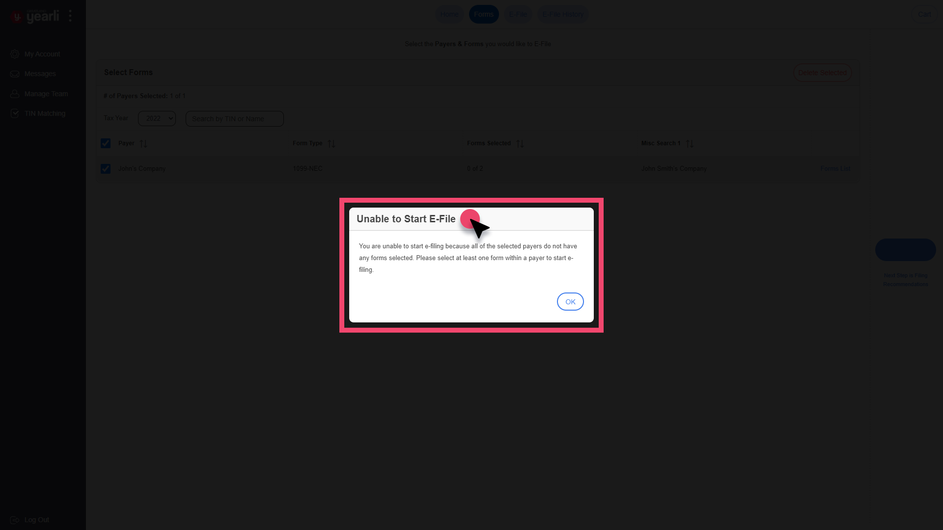 Forms Screen. Unable to Start E-File modal pop-up is highlighted.