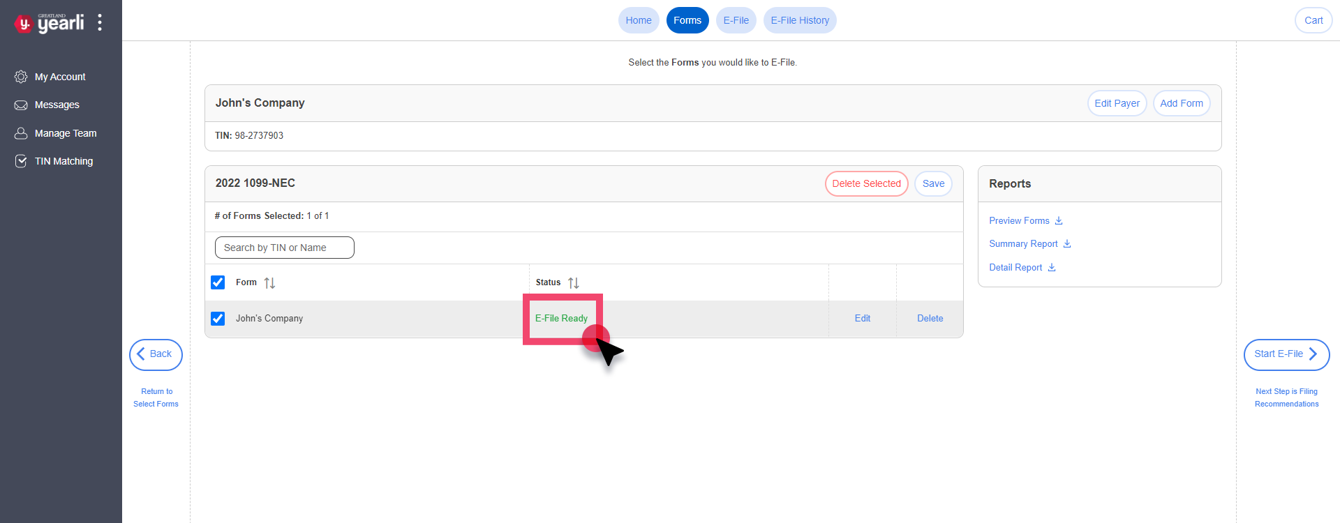 Forms: Forms List Screen. E-File Ready status is highlighted.