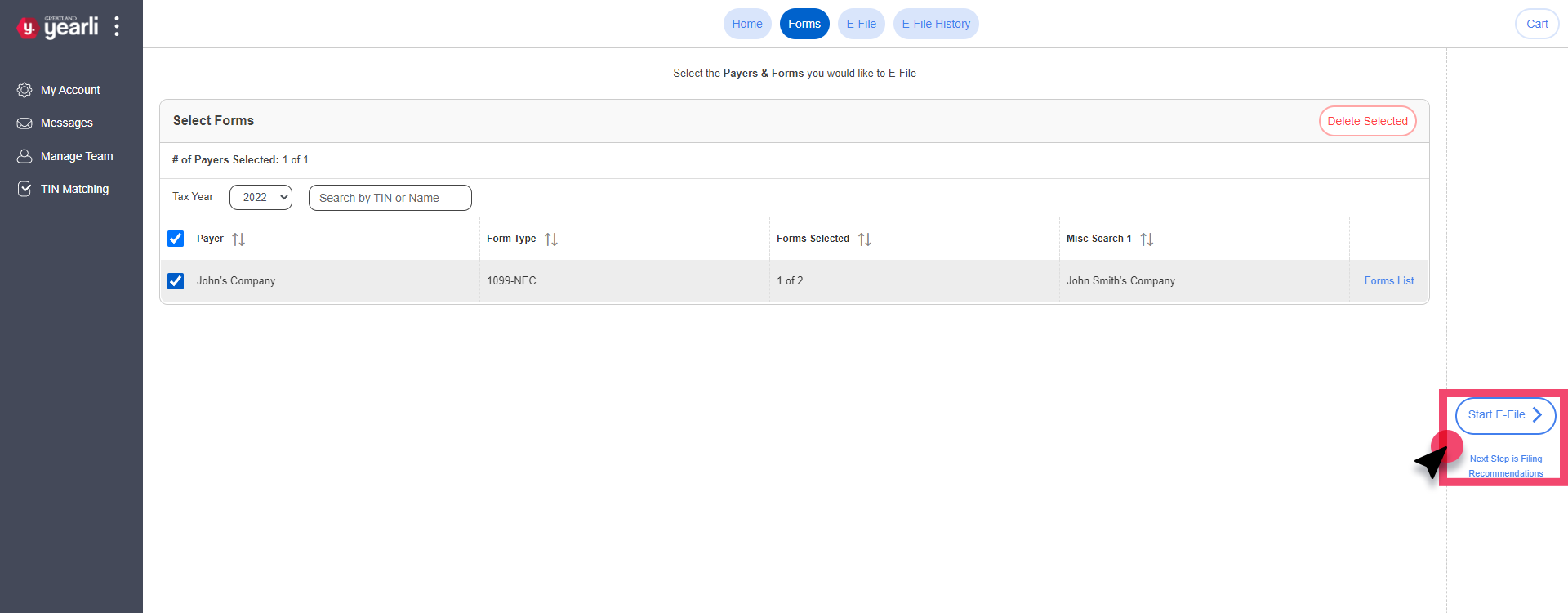 Forms Screen. Start E-file (Next Step is Filing Reccomendations) button is highlighted.