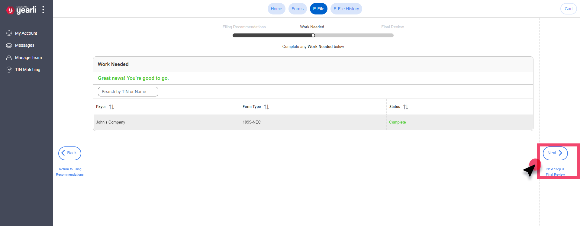 Work Needed Screen. Next (Next Step is Final Review) button is highlighted.