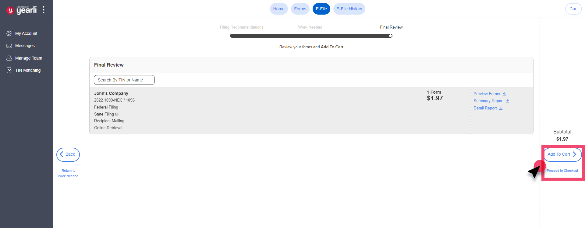 Final Review Screen. Add To Cart button highlighted.