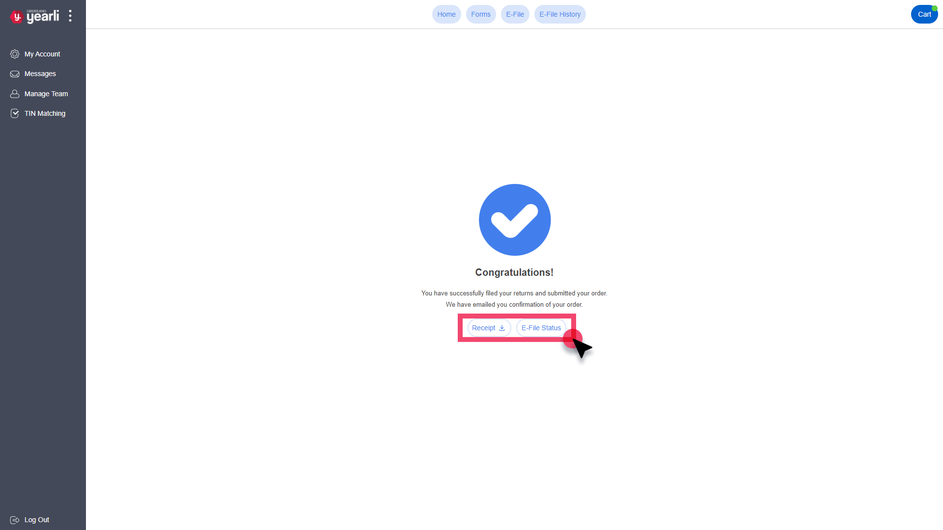 Congratulations Screen. Print Your Receipt or click E-File Status buttons are highlighted.