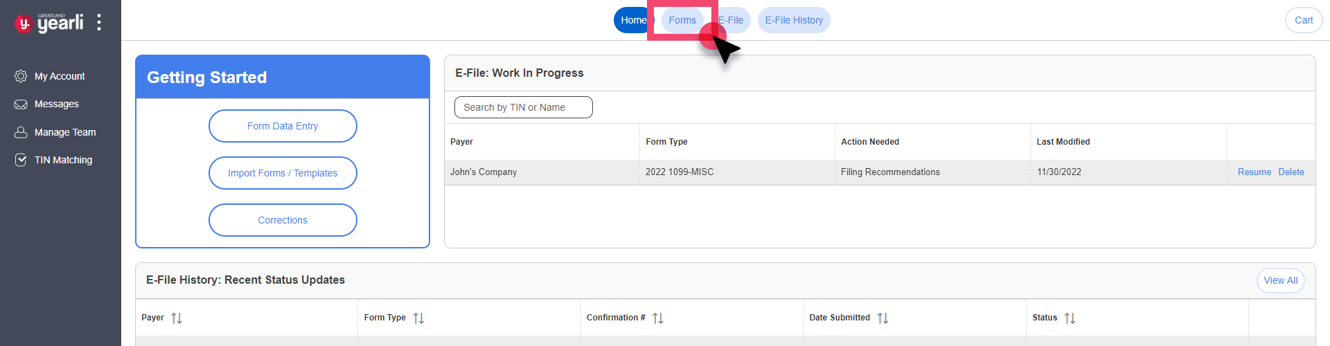 Home Screen. Forms button in top navigation is highlighted.