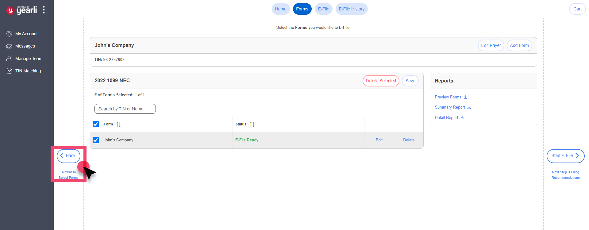 Forms Screen. Back (Return to Select Forms) button is highlighted.