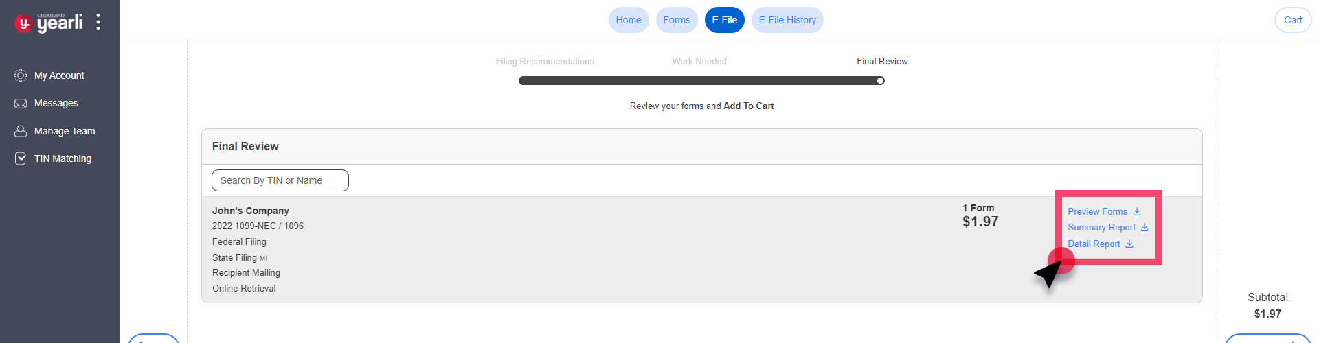 Final Review Screen. Preview Forms, Summary Report, and Detailed Report links are highlighted.