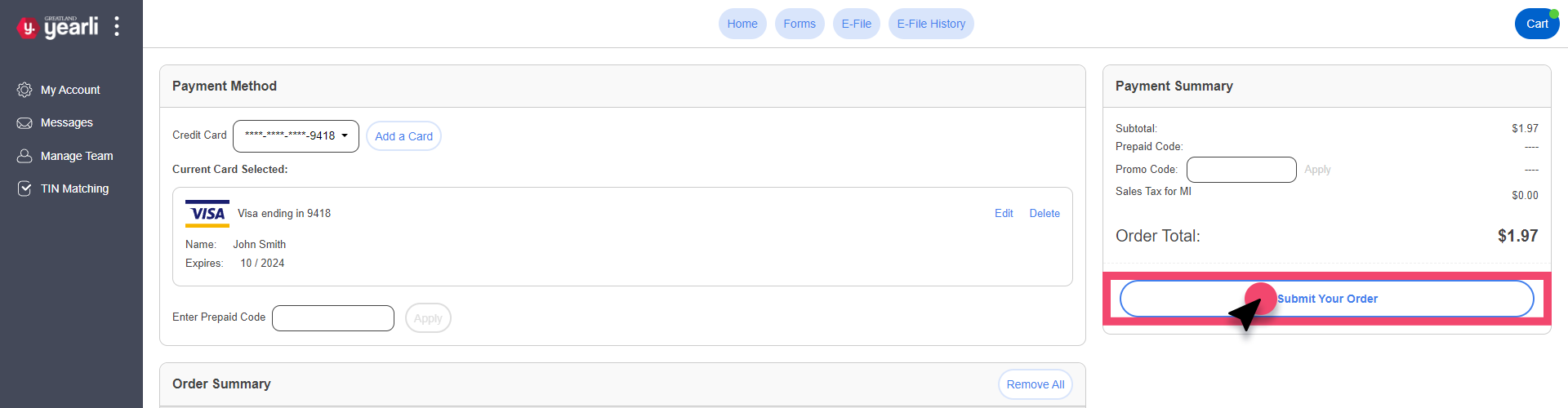 Cart Screen. Submit Your Order button is highlighted.