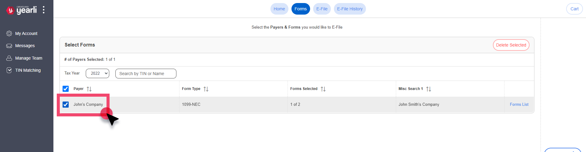 Forms Screen. Payer table Row is selected via checkbox and is highlighted.