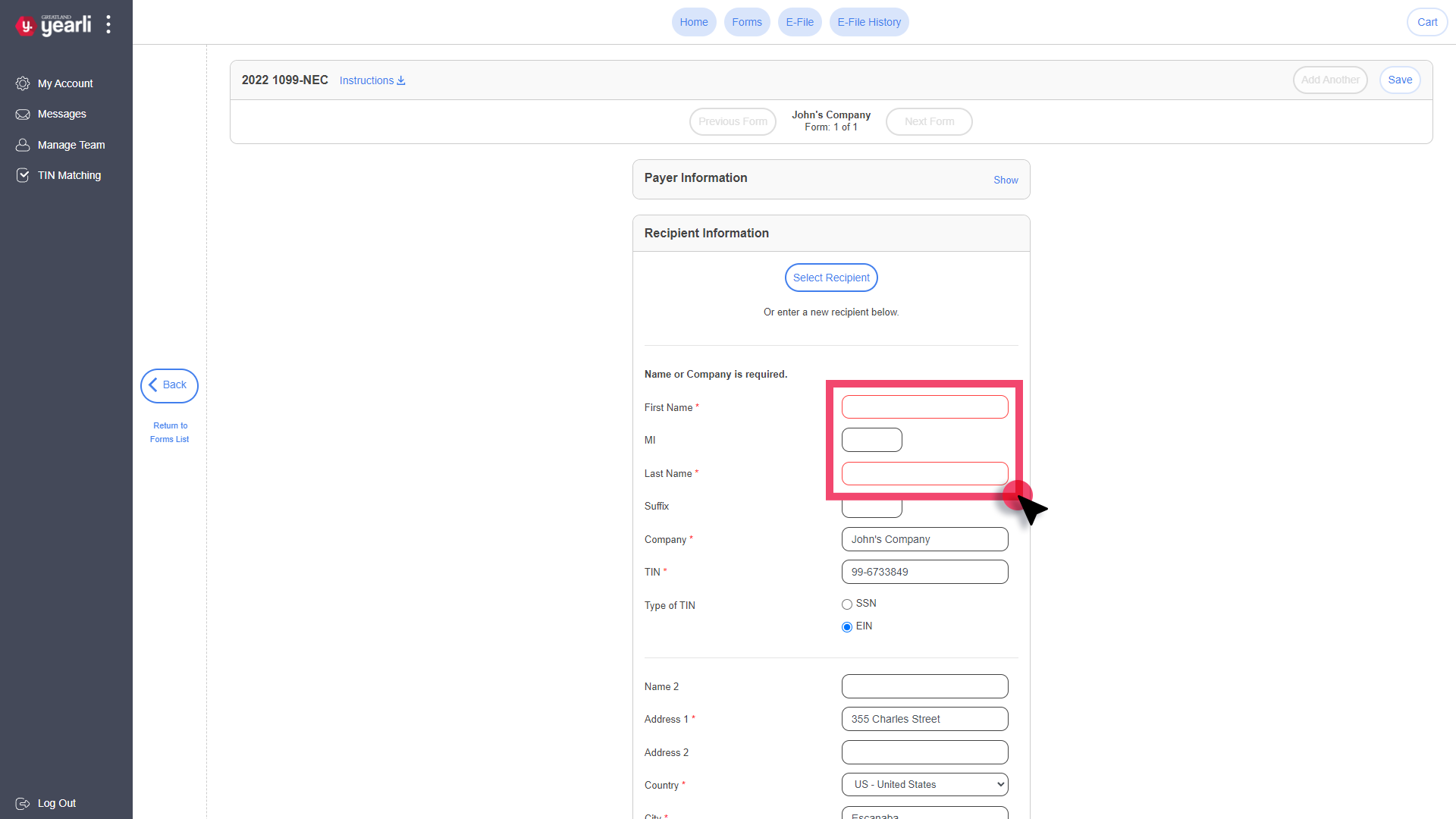Form Data Entry Screen. First Name and Last Name form fields showing required validation are highlighted.