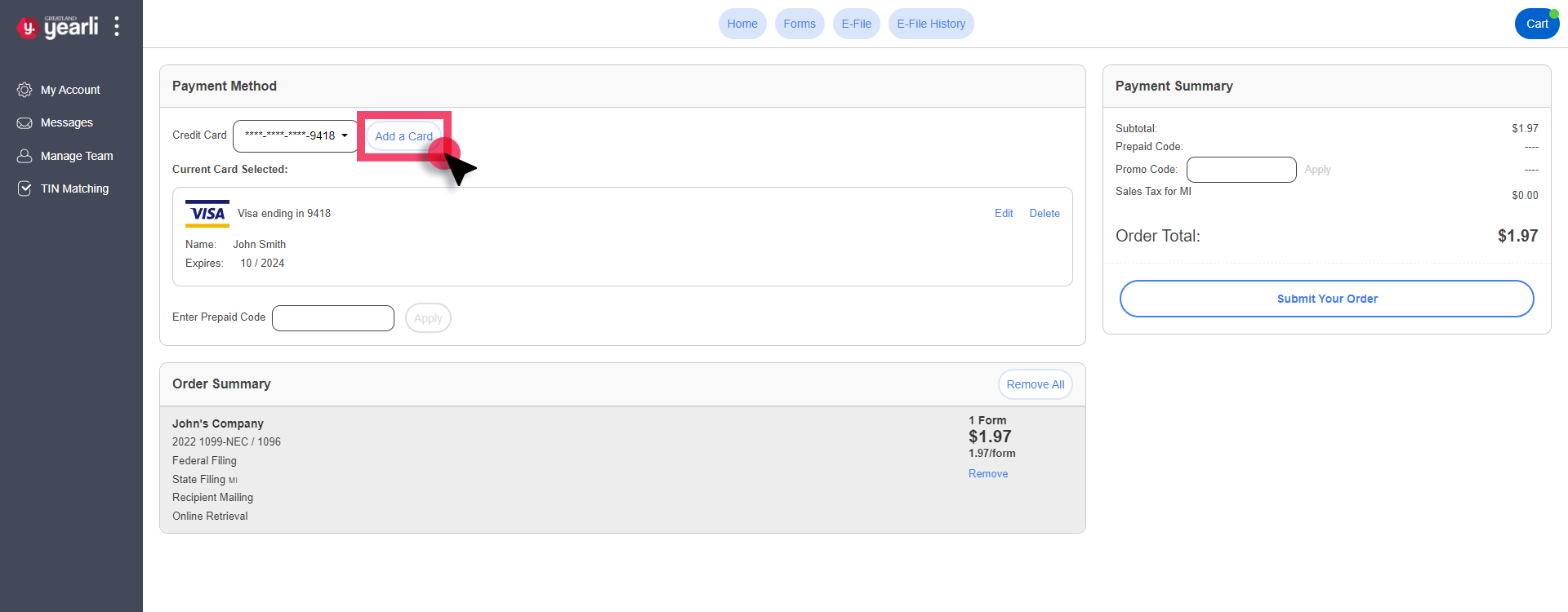 Cart Screen. Highlighting Payment Method options.