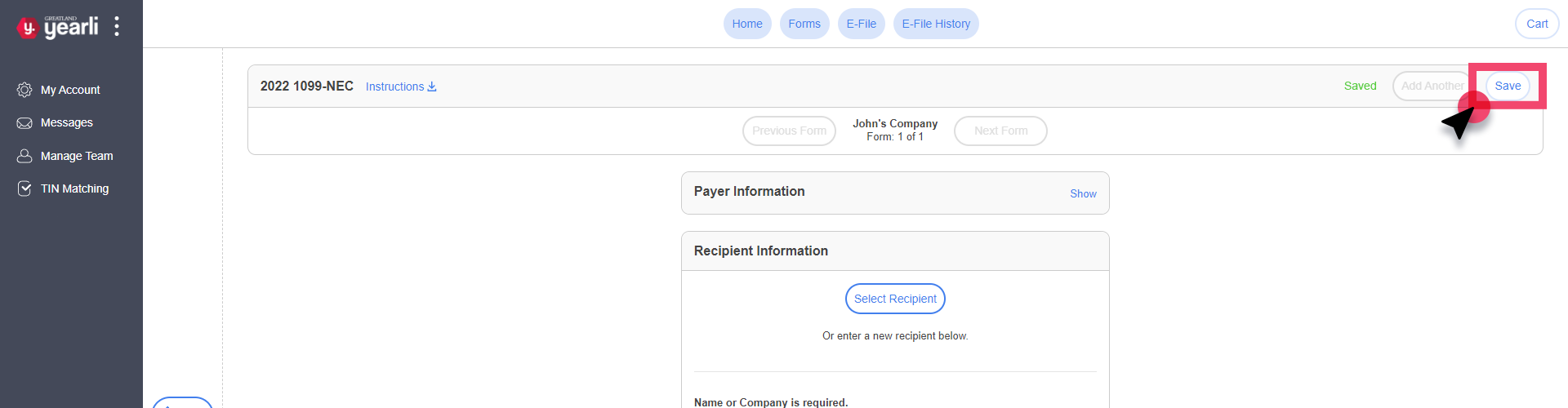 Forms Data Entry Screen. Save button is highlighted.