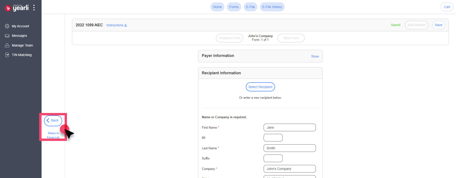 Form Data Entry Screen. Back (Return to Forms List) button is highllighted.