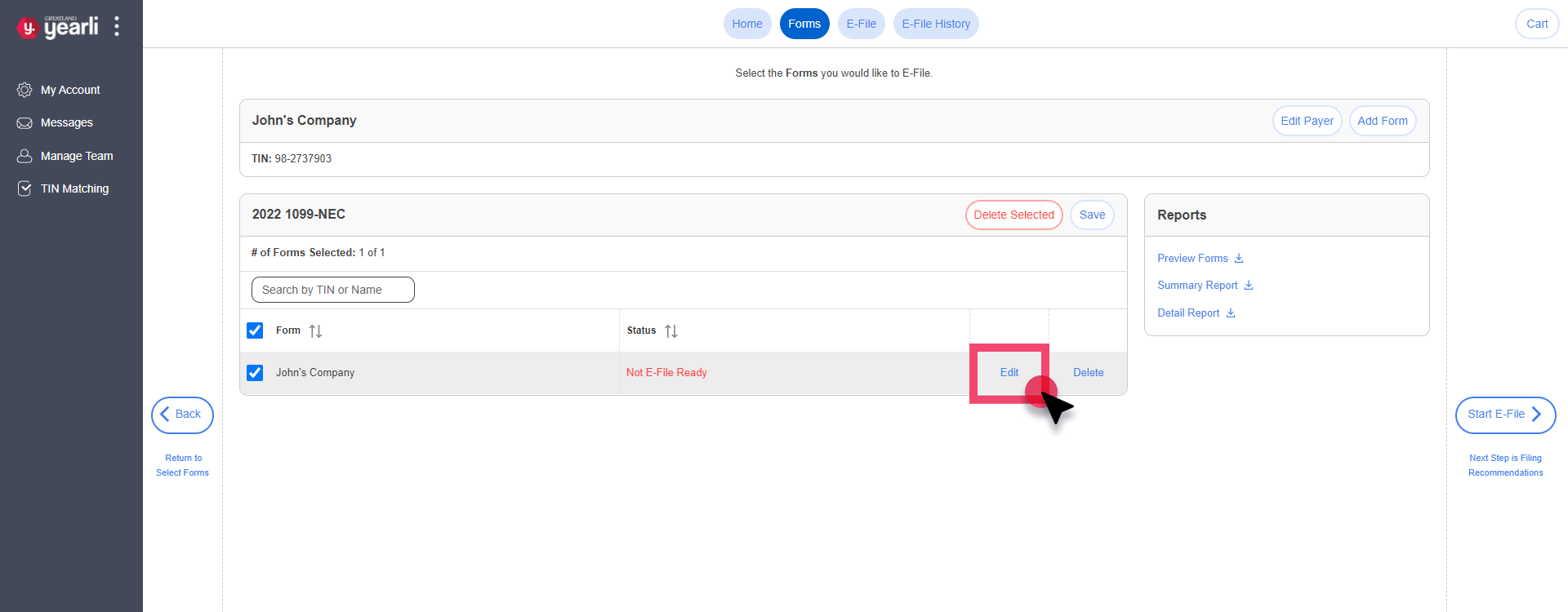 Forms: Forms List Screen. Not E-File Ready status is highlighted.